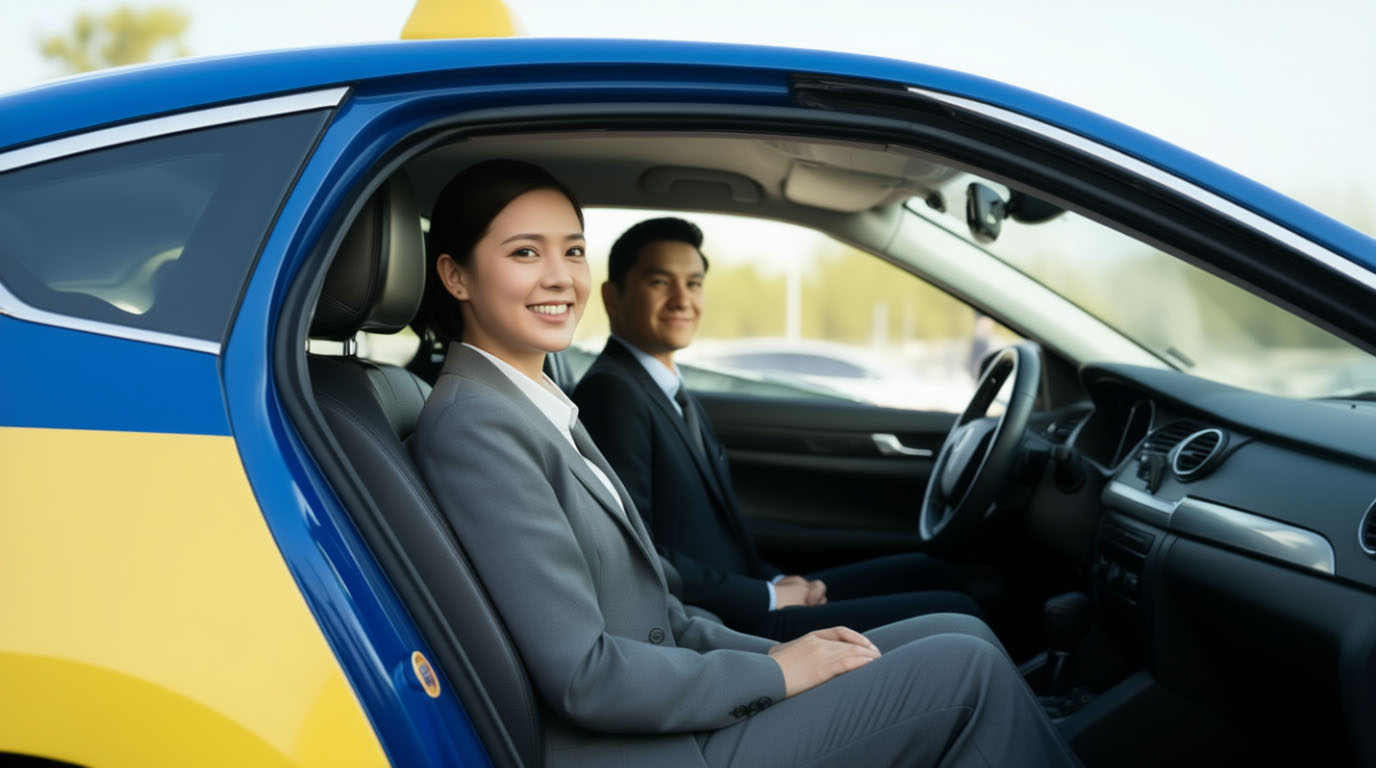 Довольный клиент и водитель такси